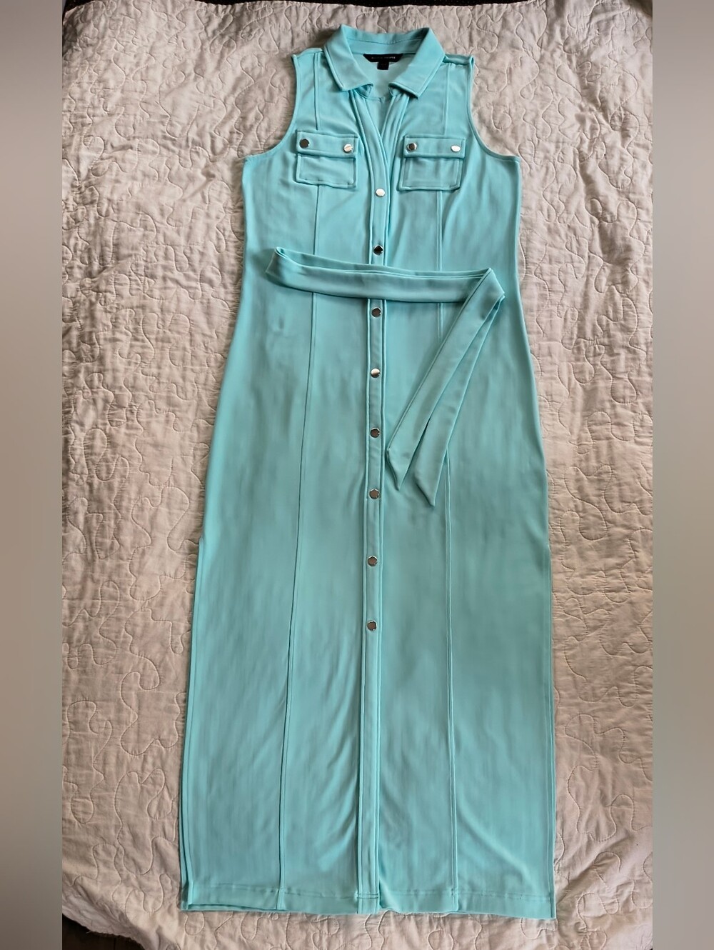 Boston Proper Sleeveless Light Aqua Button-Front Maxi Dress with Waist Tie
